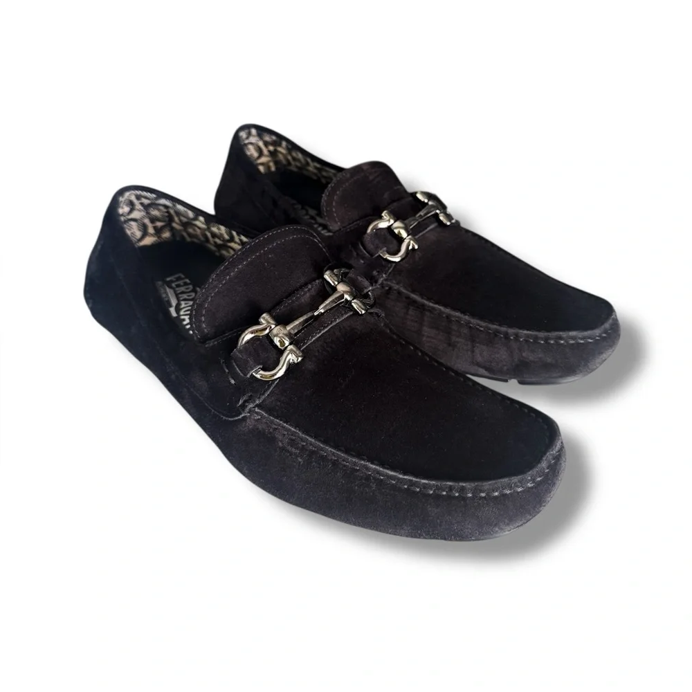 Ferragamo Parigi Gancini Bit Driver Black Nubuck Loafer Men’s 7 N (US 8) Italy